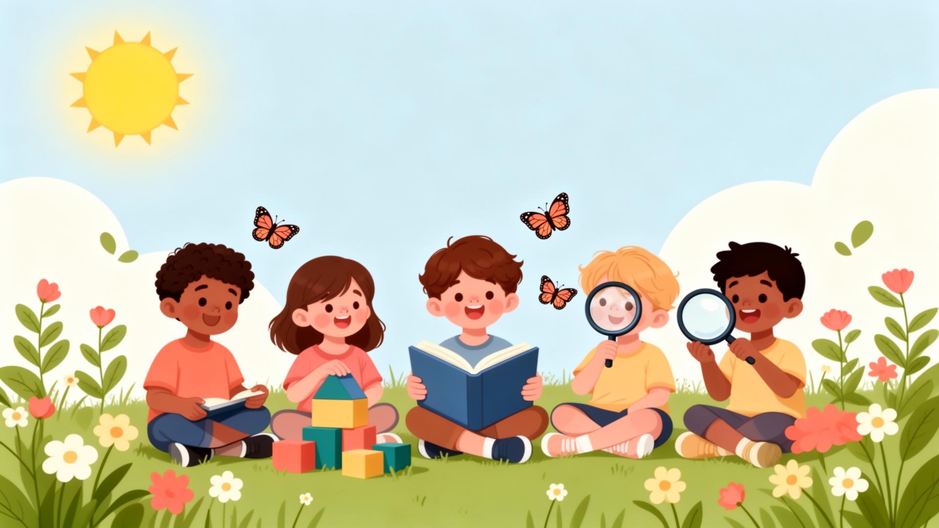 Friendly illustration of diverse kids reading, building with blocks, and looking at butterflies in a sunny meadow.